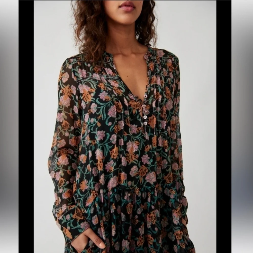 NWT Free People See It Through Floral Pleated Boho Maxi Dress Size Small - Picture 2 of 15